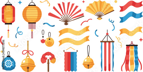 Japanese festival decoration vector set featuring lanterns fans bells banners ribbons and traditional matsuri celebration elements illustration