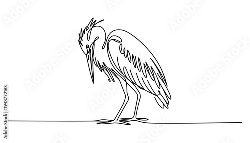 One continuous line illustration of an Herons bird , isolated on white background.