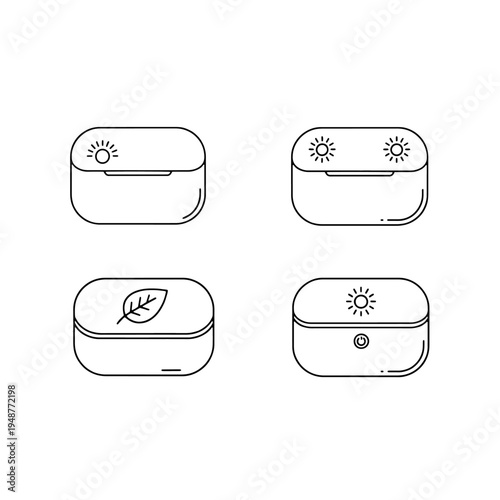 Collection of four sleek, minimalist line art icons depicting portable sanitizing devices with sun and leaf motifs