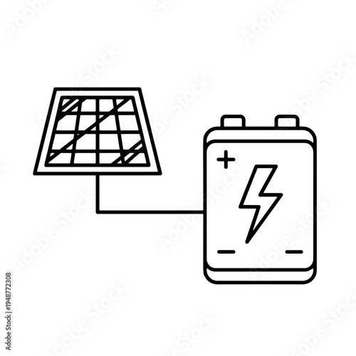 Solar panel connected to battery with lightning bolt symbol, concept of renewable energy and storage