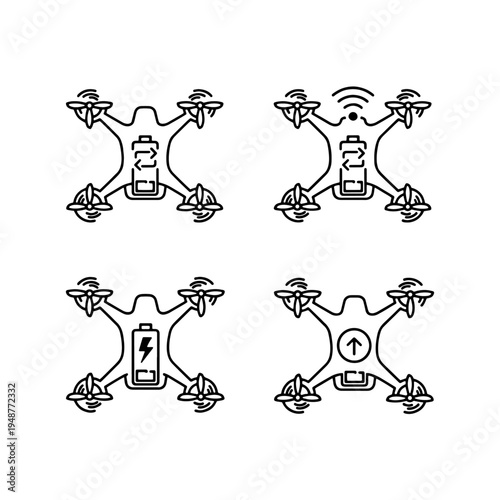 Set of Diverse Drone Icons Illustrating Technology, Flight, and Unmanned Aerial Vehicle Functions with Battery and Signal Status Indicators