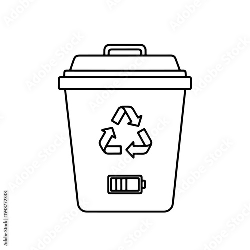 Outline illustration of a recycling bin with battery symbol, promoting responsible disposal of electronic waste and sustainable energy practices
