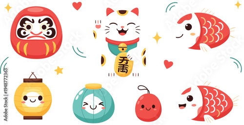 Cute Japanese lucky symbols vector set featuring daruma maneki neko koi fish lantern and traditional good luck icons kawaii style