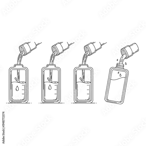 Sequential line art illustration showing the process of pouring liquid from a bottle into a flexible bag, detailing each step of fluid transfer