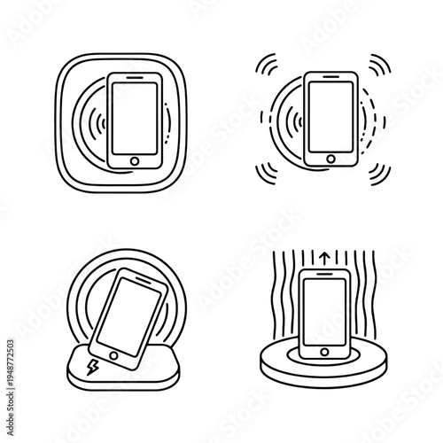 Set of four illustrations depicting mobile devices on charging pads and emitting signals