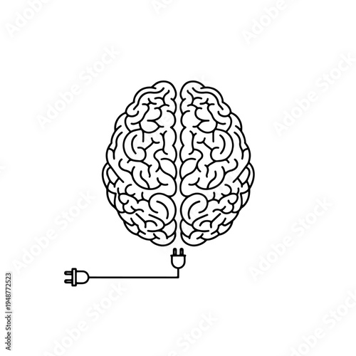Symbolic Illustration of a Brain Connected to a Power Cord, Visualizing Cognitive Energy, Innovative Thought, and Enhanced Digital Intelligence