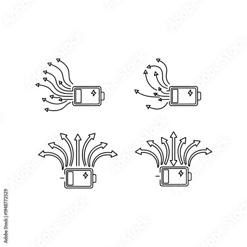Set of four icons illustrating battery charge and discharge with arrows indicating energy flow and level