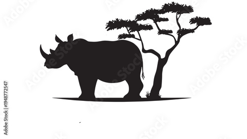 Rhino silhouette standing majestically beside an acacia tree in the African savanna landscape. featuring rhinoceros, africa, wildlife with animal and