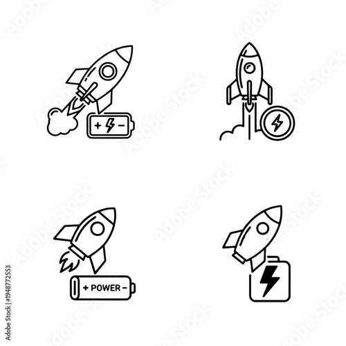Rocket power and energy icons depicting launch, speed, and battery charging concepts
