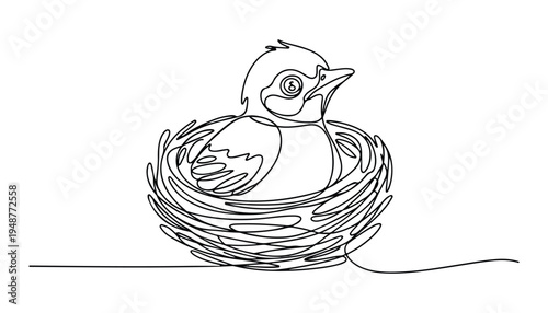 One continuous line illustration of an baby bird with nest , isolated on white background.