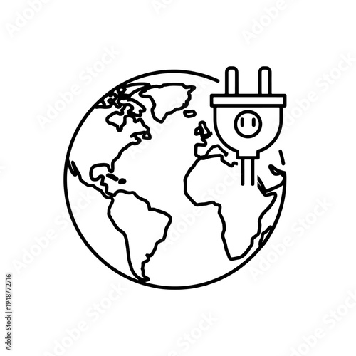 World map outline with power plug icon illustrating global energy connection and electrical network on Earth for sustainable future