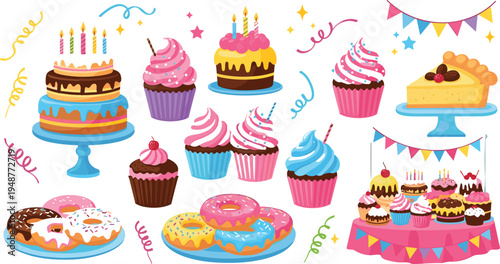 Colorful birthday desserts vector set featuring cupcakes cakes donuts and sweet party treats with festive decorations illustration