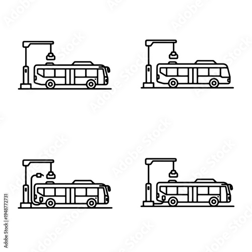 Vector Icons Illustrating Electric Bus Charging at Stations. Modern Sustainable Public Transportation, Green Urban Mobility Technology Solutions