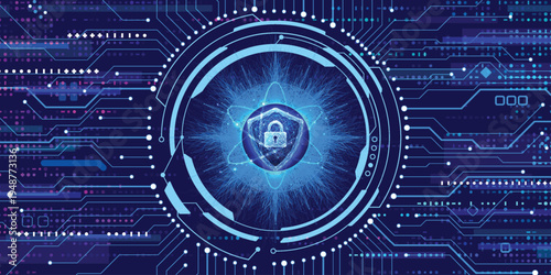 Cyber Security Shield with Lock Icon on Futuristic Blue Digital Circuit Board Background Illustration of Data Protection and Network Privacy