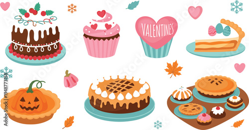 Seasonal holiday desserts vector set featuring valentine cupcake christmas cake thanksgiving pumpkin pie and festive sweet treats illustration
