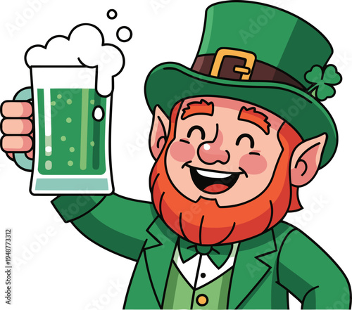 A cheerful leprechaun celebrates St. Patrick's Day with a pint of green beer! Festive and vibrant illustration perfect for marketing and promotions.