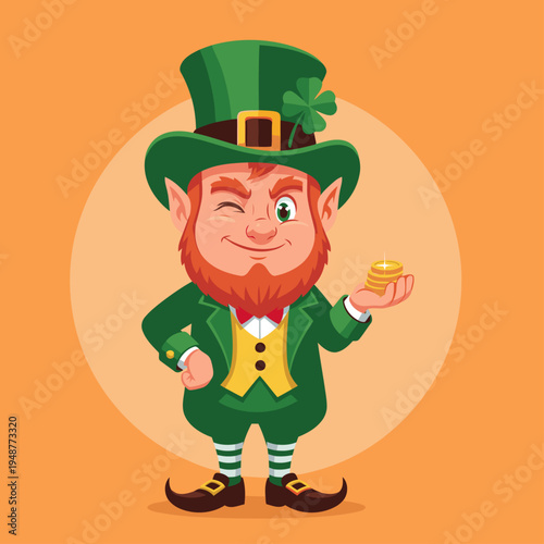 A cheerful leprechaun holds a gold coin, wearing a green hat and waistcoat. Bright, playful illustration for St. Patrick's Day or fantasy themes. Perfect for marketing and design.