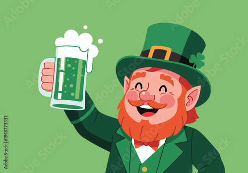 A cheerful leprechaun raises a pint of green beer, celebrating St. Patrick's Day. Festive and vibrant illustration perfect for marketing and promotions.