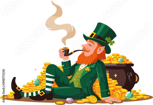 A cheerful leprechaun relaxes amidst a pile of gold coins, puffing on a pipe. A whimsical and inviting illustration perfect for St. Patrick's Day or fantasy themes.