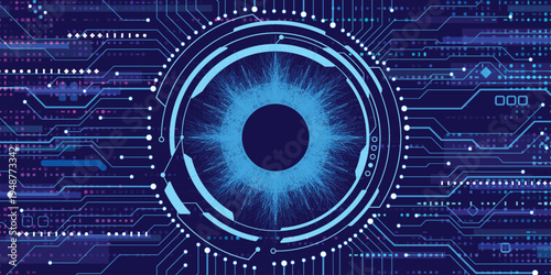 Futuristic Digital Human Eye Interface on Blue Circuit Board Background Illustration of Biometric Scan, Artificial Intelligence and Data Surveillance