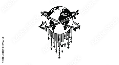 Global unity and interconnectedness symbolized by planet Earth adorned with ceremonial beads and ribbons, representing cultural diversity and shared humanity