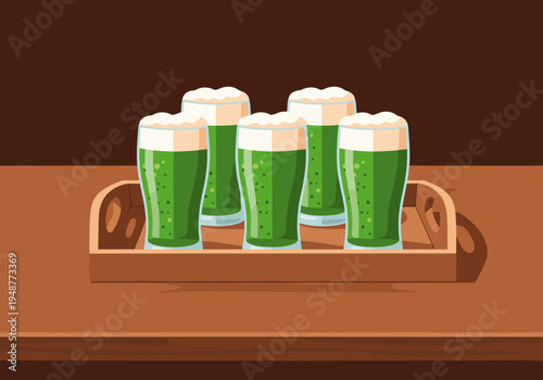 Five pints of green beer on a tray, presented against a rustic wooden table. A festive and inviting scene, perfect for St. Patrick's Day or pub themes.