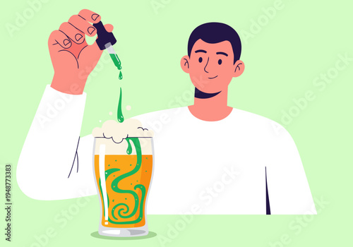 A man adds green coloring to a beer, creating a vibrant swirl.  Illustrative style, modern design, party concept.  Focus on color and visual appeal.