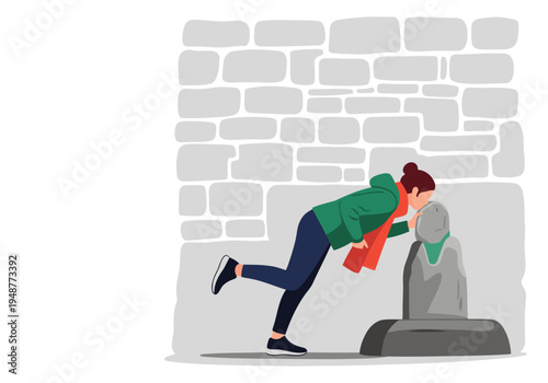 A woman leans against a stone wall, seemingly kissing a memorial. A poignant, artistic image with a textured backdrop. Suitable for emotional or memorial themes.