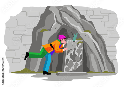 A man explores a cave, leaning in to kiss a rock. Illustration style, vibrant colors, playful and intriguing. Great for marketing and creative projects.