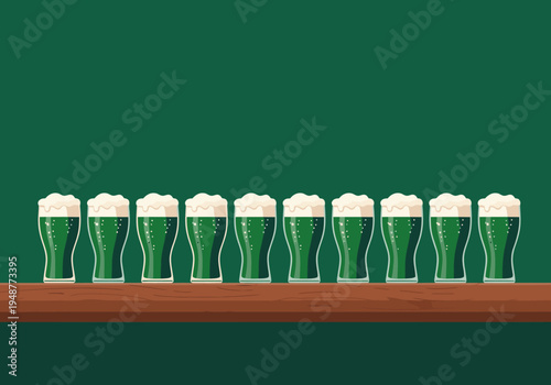 Nine pints of green beer are displayed on a wooden shelf. A simple, festive design perfect for St. Patrick's Day or pub promotions. Clean, modern aesthetic.