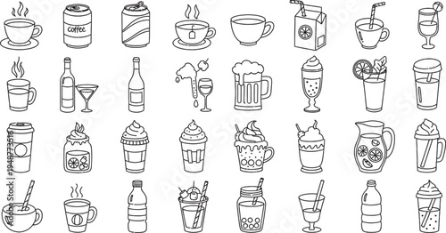 Beverage icon set with various refreshing drinks and hot coffee tea