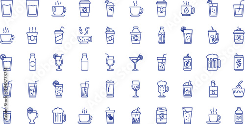 Blue beverage icon set with assorted refreshing drinks and hot beverages