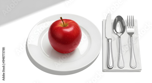 Fresh Apple on White Plate with Knife Spoon and Fork Vector Illustration