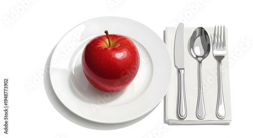 HD Vector Illustration of Apple on Plate with Knife Spoon and Fork