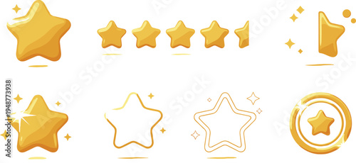 Golden star rating icons vector set with shiny five star review symbols outline stars and award badge elements