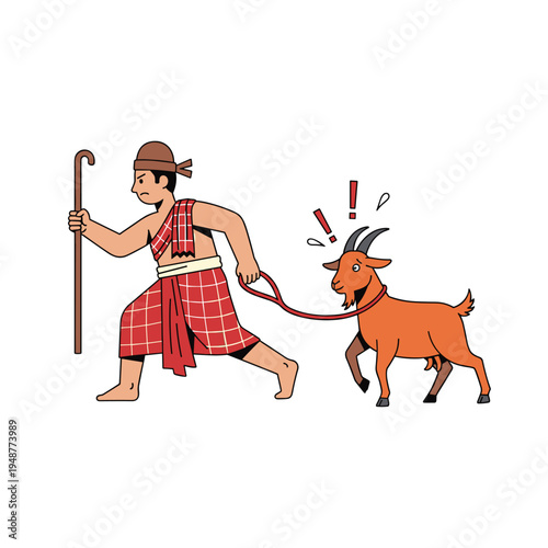 Farmer Leading a Stubborn Goat on a Leash.