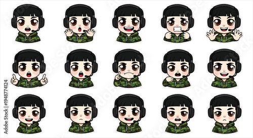 Cute Gamer Boy Character Emote Sticker Set, Cartoon Gaming Avatar Emoji Pack, Streaming Reaction Icons for Twitch Discord Vector