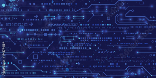 Abstract blue and purple digital circuit background with glowing lines, data flow, technology network connections and futuristic hi tech pattern