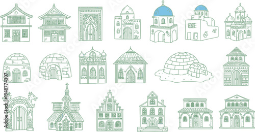 An artistic hand-drawn collection of diverse world architecture, featuring traditional houses and iconic buildings from various cultures and historical periods in a charming sketch doodle style.