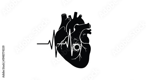 Stylized anatomical human heart illustration combined with an energetic electrocardiogram pulse line, symbolizing life, medical health, and robust cardiology