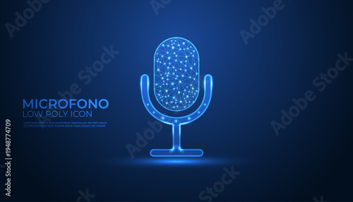 Futuristic glowing low poly microphone made of blue digital polygons and connected nodes on a dark background, symbolizing audio recording, podcast technology, music production, and modern 
