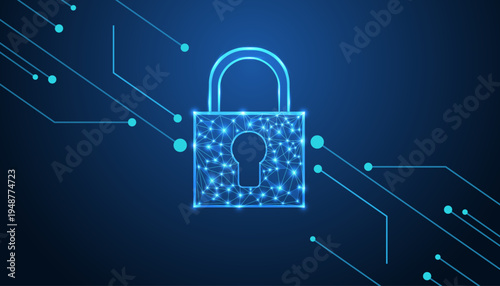 Futuristic glowing low poly padlock symbol representing cybersecurity and data protection, created with blue digital polygons and connected nodes on a dark technological background.