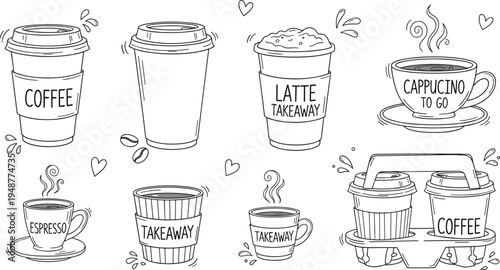 PrintHand drawn coffee cups and takeaway mugs doodle vector collection with espresso latte cappuccino beverages isolated for cafe menu branding design