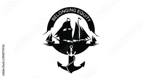 Powerful black and white logo integrating an anchor and sailing ships with the 'BELONGING EQUITY' text, representing unity, fairness, and steadfast community principles