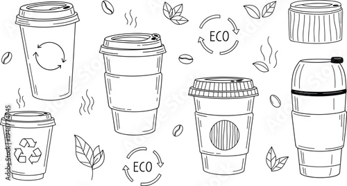 Hand drawn reusable coffee cups eco friendly takeaway mugs vector set with recycle symbols leaves and sustainable beverage packaging illustrations