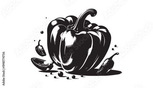 black color Sweet peppers set of silhouette vector illustration, solid white background