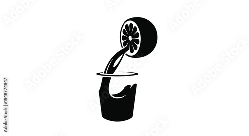 Minimalist black and white illustration of a lemon being squeezed into a glass, symbolizing fresh juice