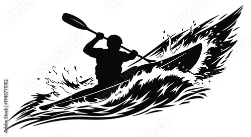 Silhouette of a kayaker navigating through choppy waters, dynamically depicted with splashing waves