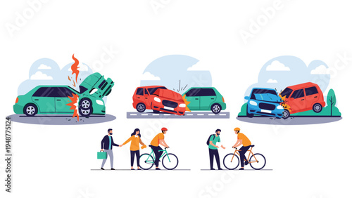 Illustration showing different car accident scenarios and concerned drivers discussing insurance and help after road collisions.