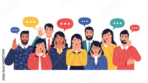 Diverse group of people expressing surprise and shouting with speech bubbles floating above them against a plain background.